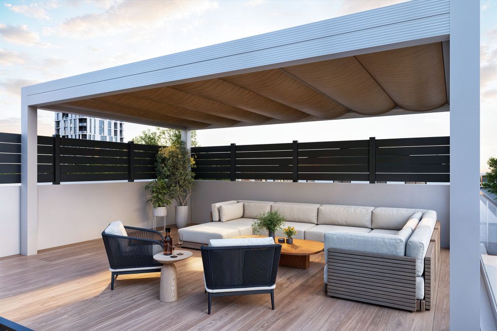 Outdoor terrace with covered pergola and lounge seating in a One Eleven apartment in Larnaca.